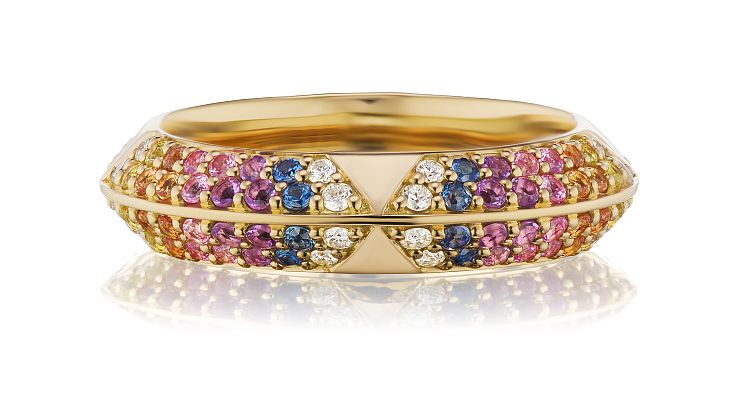 Lauren Harwell Godfrey Rainbow Sapphire Rosa band in 18-karat yellow gold with rainbow sapphires and white diamonds.