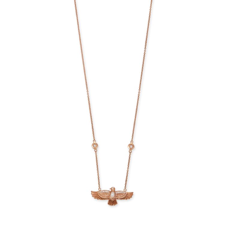 Jacquie Aiche 14 karat gold small Thunderbird diamond necklace with marquise center diamond and diamond bezels in the chain. (Jacqui Aiche)