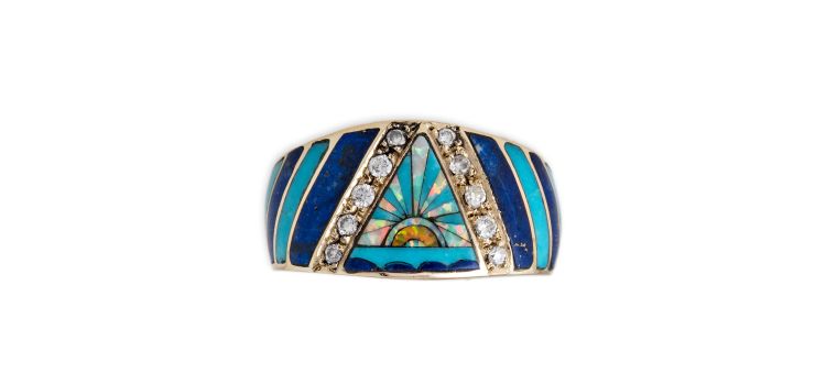 Jacquie Aiche 14 karat yellow gold sunshine opal inlay pave V diamond band ring. (Jacquie Aiche)