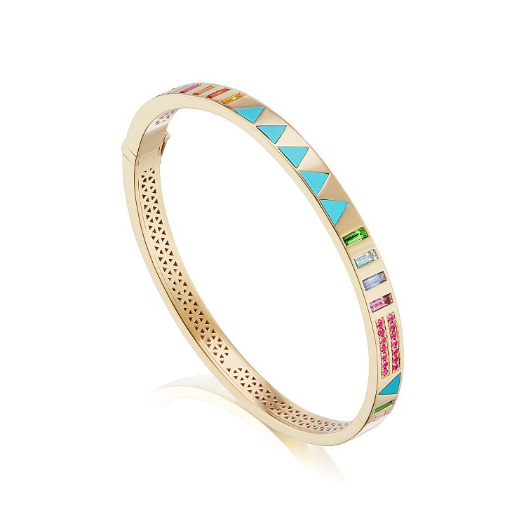 Lauren Harwell Godfrey Juju bangle in 18-karat yellow gold with turquoise inlay and multicolored gemstones.