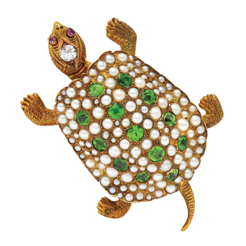 Riker Brothers Art Nouveau turtle brooch set with diamonds, demantoid garnets, pearls and rubies, from Wilson’s Estate Jewelry. (Wilson’s Estate Jewelry)
