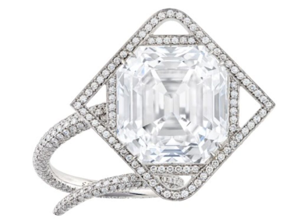 Emerald-cut, 23.15-carat, D-flawless diamond ring image.