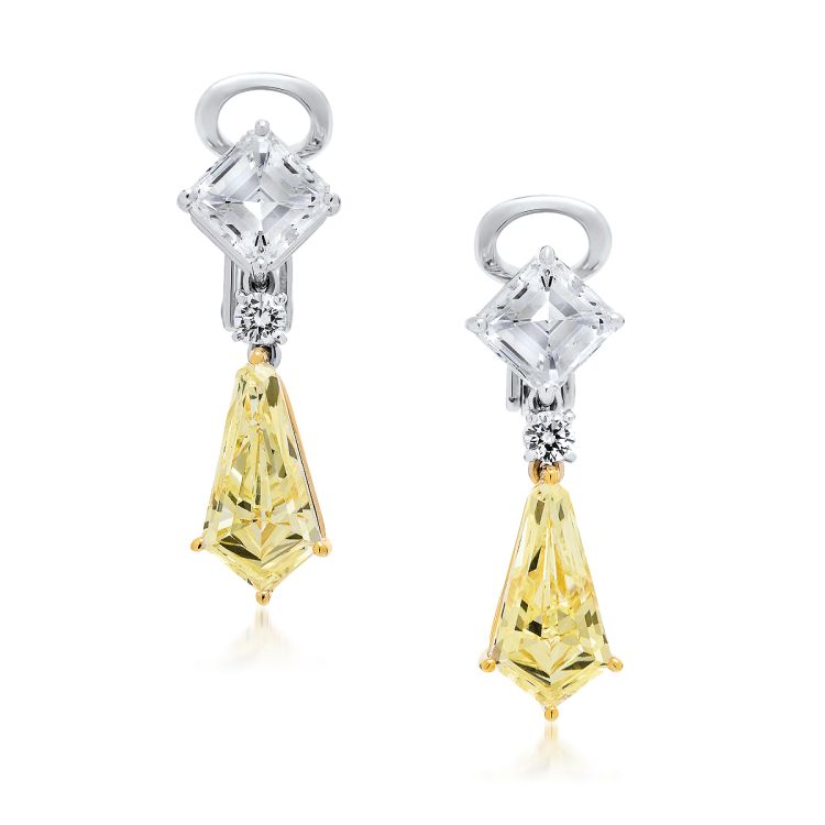 Golden Kites earrings in platinum with 5 carats of kite-shaped, fancy-yellow diamonds, 4 carats of Asscher cut white diamonds, and 0.40 carats of round brilliant diamonds. (Thelma West)
