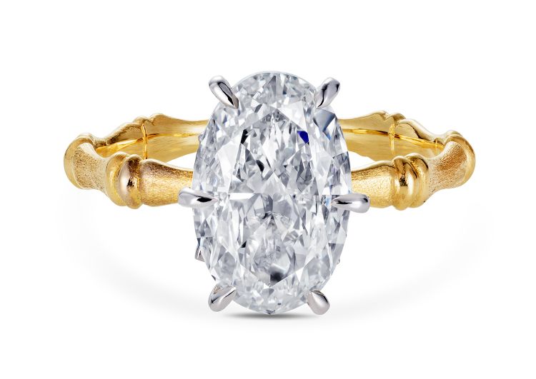 Golden Sugarcane ring in 18-karat yellow gold with an oval, 4 carat diamond. (Thelma West)