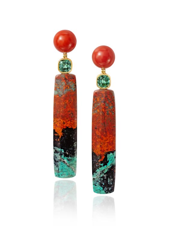 Assael earrings in Sardinian coral, lagoon tourmaline, and Sonoran Sunrise jasper. (Assael)