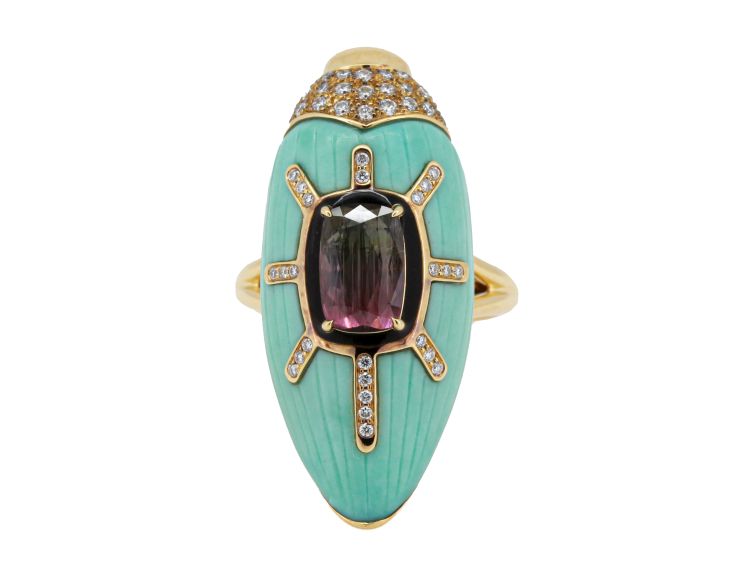 Bibi van der Velden Scarab ring set with turquoise, watermelon tourmaline and diamonds. (Bibi van der Velden)