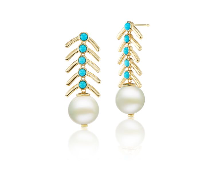 Beck Piska earrings in 18-karat yellow gold set with pearls and turquoise. (Beck)