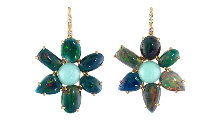 Eden Presley Flora and Fauna earrings with chrysoprase, opals and diamonds. (Eden Presley)