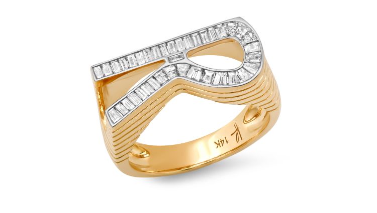 Helena Rose Grandsize Initial ring in 14-karat yellow gold with diamonds. (Helena Rose)
