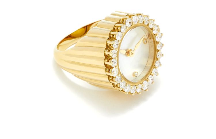 Yvonne Léon watch ring in 18-karat yellow gold set with diamonds and mother of pearl. (Yvonne Léon)
