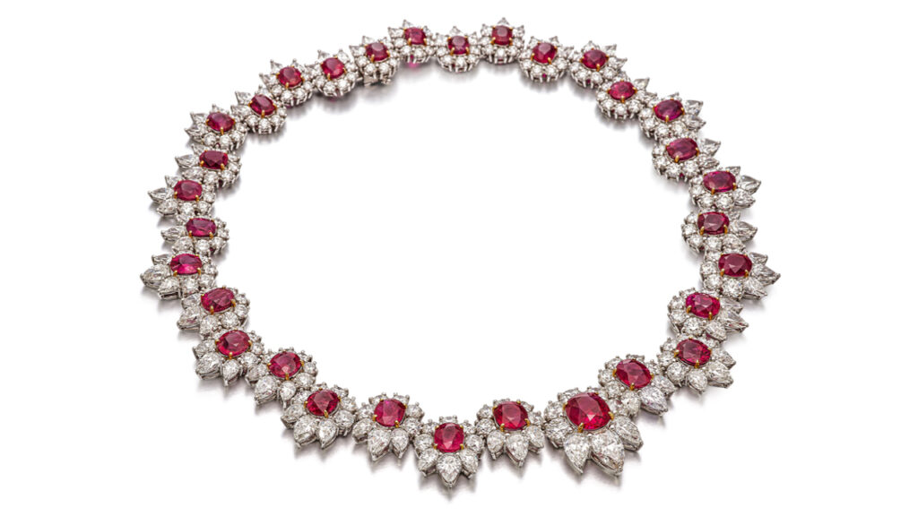 Oval and cushion-shaped Burmese ruby clusters, surrounded by brilliant-cut and pear-shaped diamonds necklace, Sotheby's image