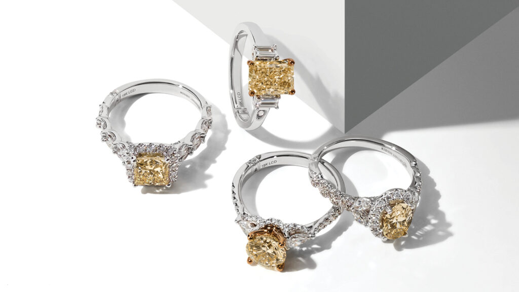 Image of engagement rings with synthetic diamonds from the Monique Lhuillier Bliss collection