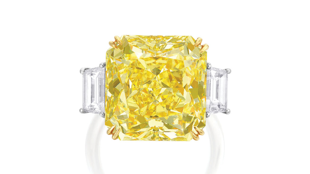 Cut-cornered square, modified brilliant-cut, 16.08-carat, fancy-vivid-yellow diamond ring image