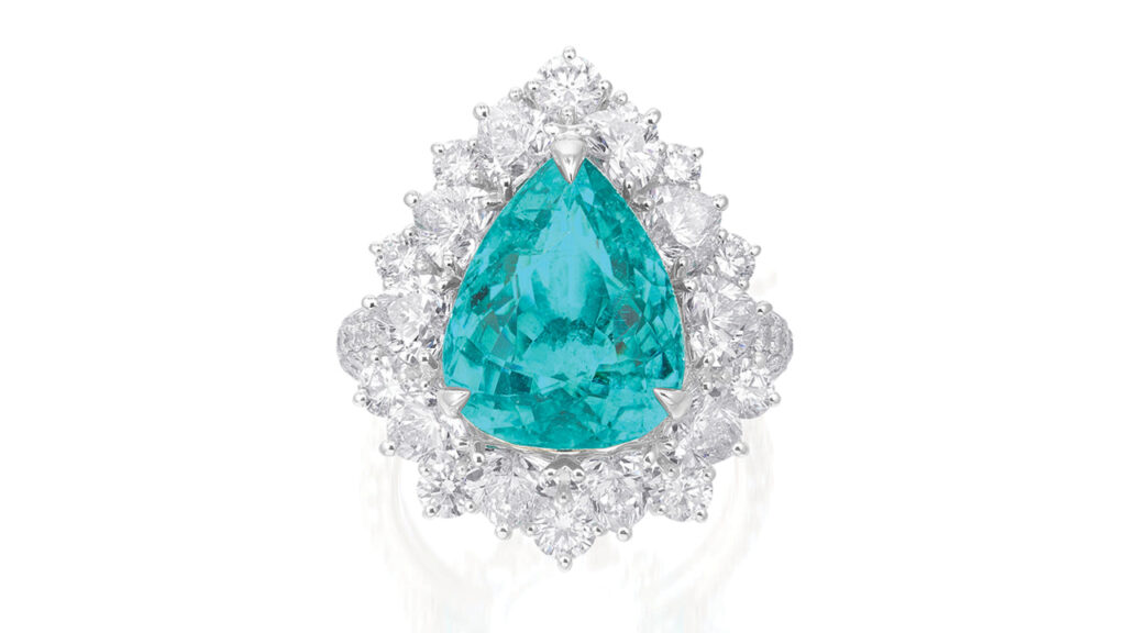 Pear-shaped Paraiba tourmaline, surrounded by heart-shaped and brilliant-cut diamonds ring