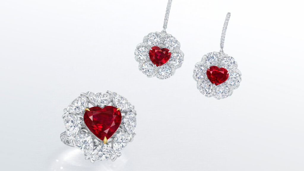 Jewel collection of ring and earrings with diamonds and rubies at Christie's image