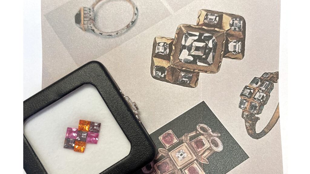Image of sketches and gem lay-outs from Cora Sheibani