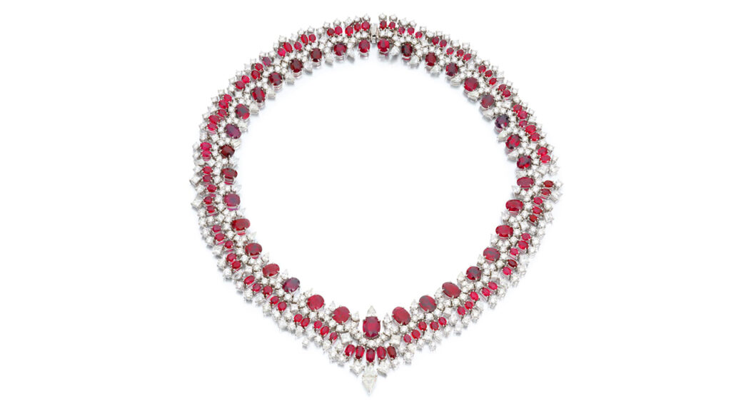 Cushion-shaped Burmese rubies and princess, brilliant-cut diamonds necklace image