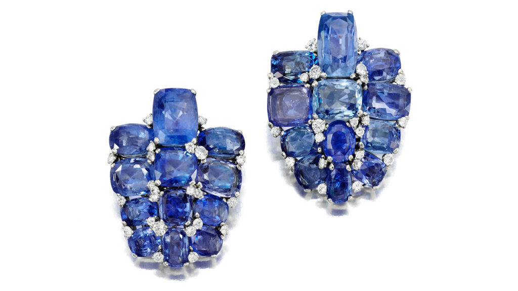 Sapphire and diamond clip brooches from Bonhams image