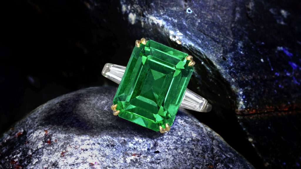 Emerald and diamond ring at Bonhams image