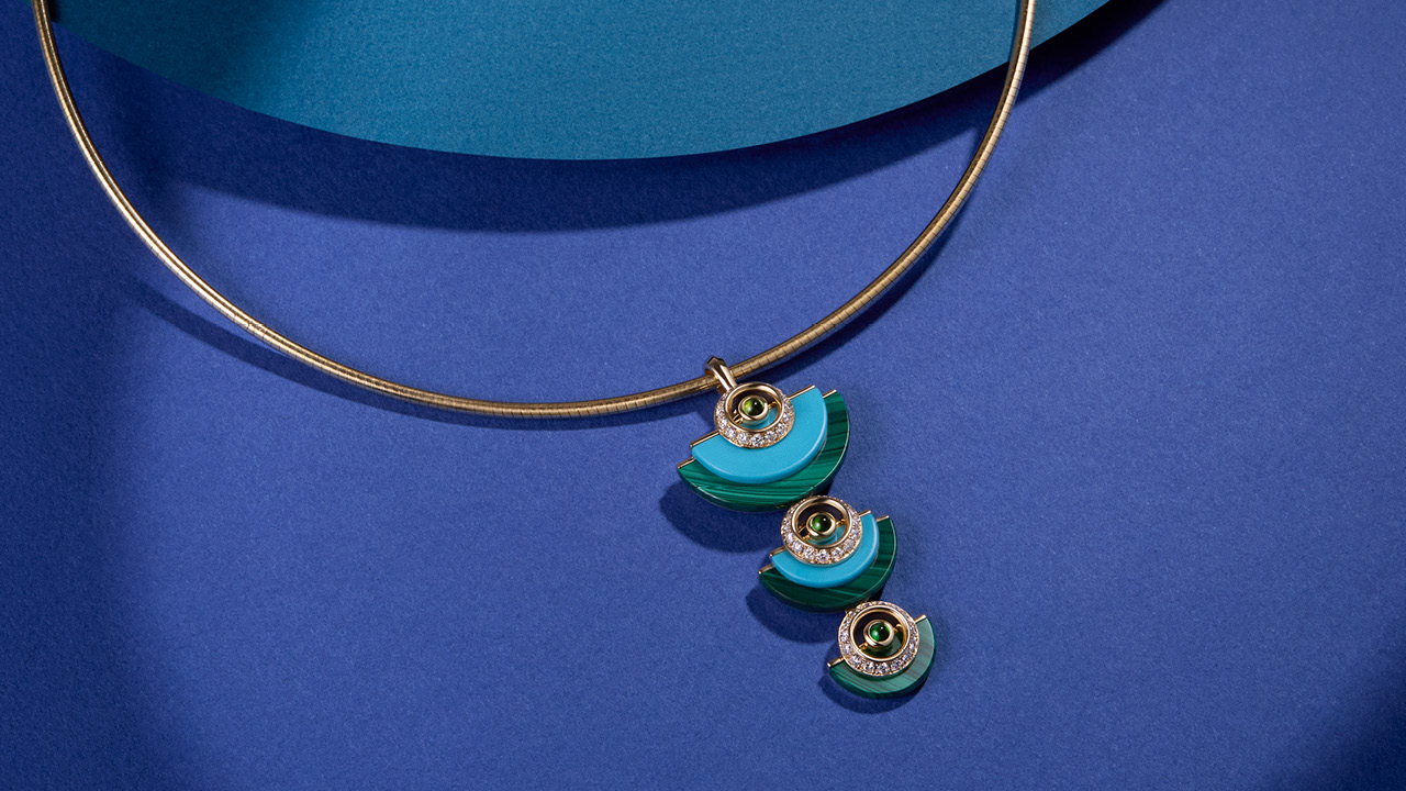 Kia Schwan Disc necklace with turquoise, malachite, tourmaline cabochons and diamonds image