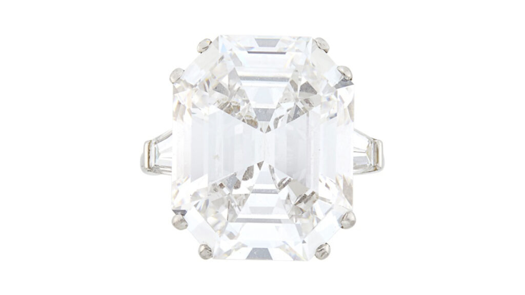 Cut-cornered emerald-cut diamond ring at Doyle image