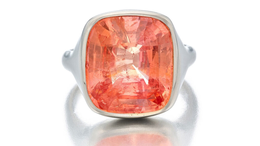 Cushion-cut Ceylon padparadscha sapphire ring at Sotheby's image
