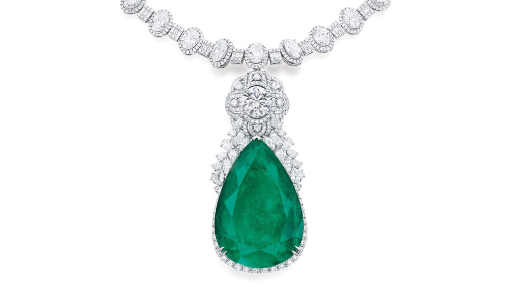 Pear-shaped Colombian emerald pendant at Bonhams