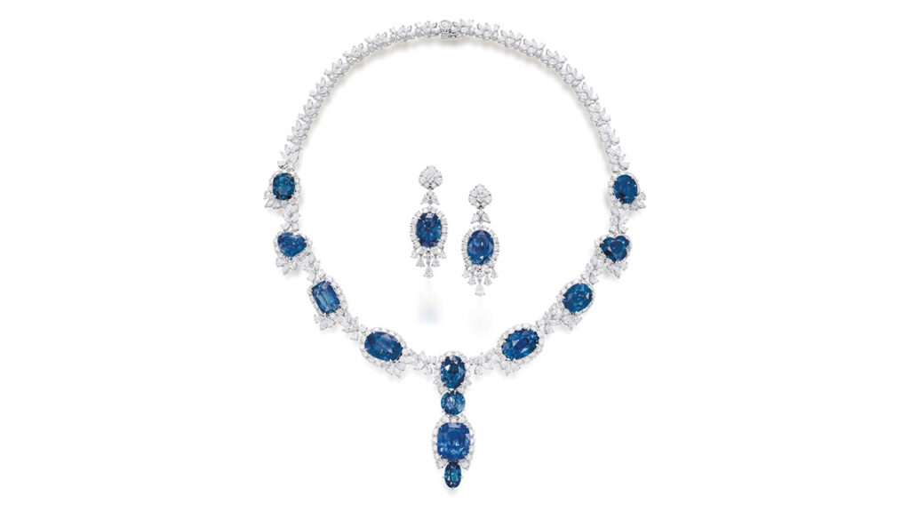 Necklace and earrings composed of sapphires and diamonds at Bonhams image