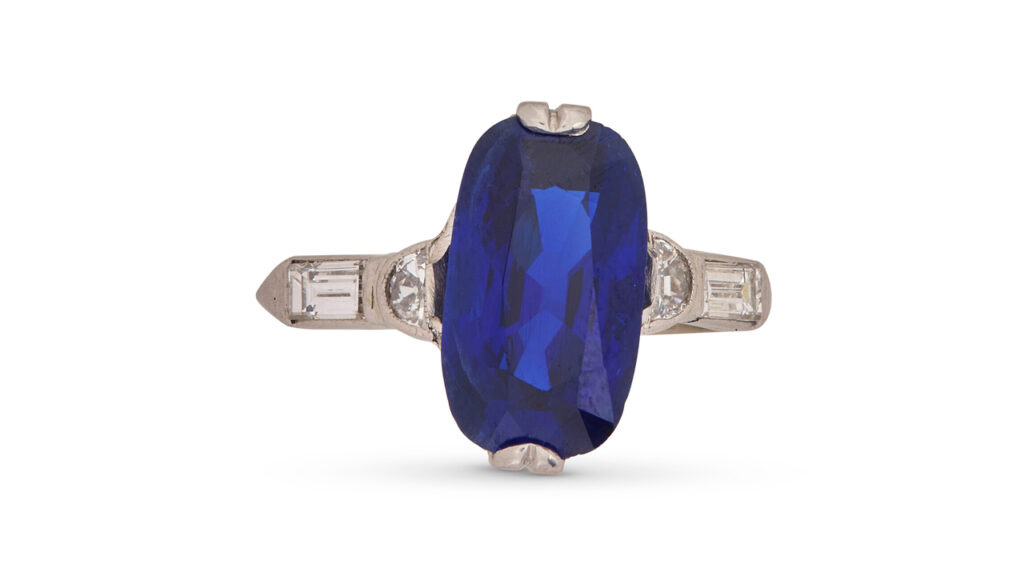 Kashmir sapphire ring with half-moon shaped and baguette diamonds at Christie's image