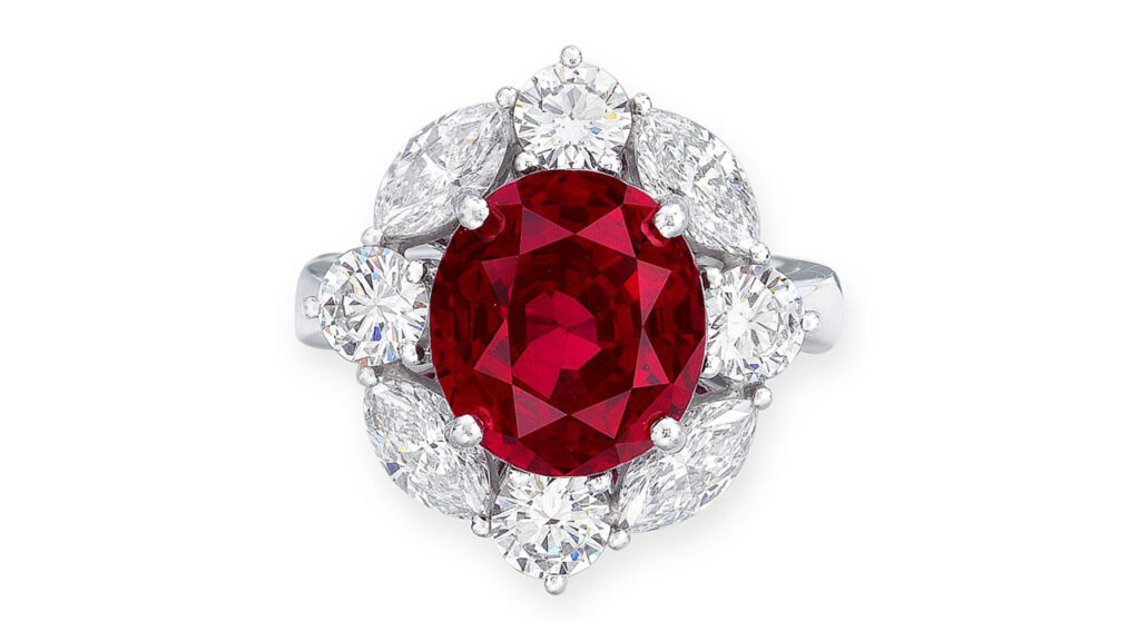 Ring containing oval pigeon’s blood Burmese ruby and diamonds at Christie's image
