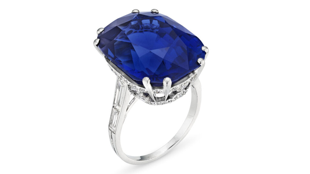Cushion mixed-cut Ceylon sapphire and diamonds ring at Christie's image