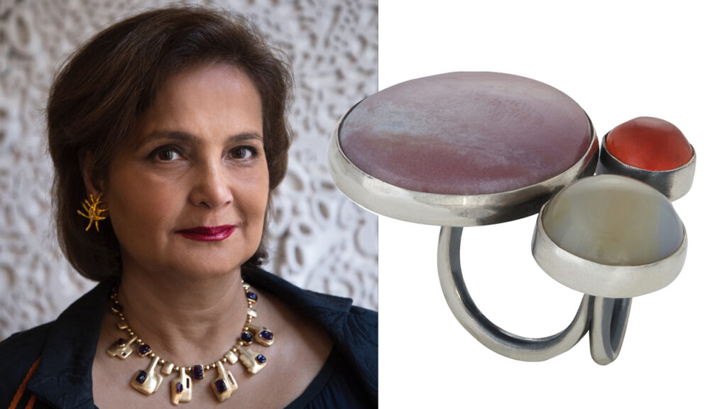 Left: Mahnaz Ispahani Bartos headshot; Art Smith silver ring with gemstone cluster, circa 1950, at Mahnaz Collection