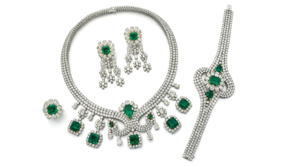 Parure comprising a necklace, earrings, a bracelet and a ring, all with Colombian emeralds and diamonds at Sotheby's image