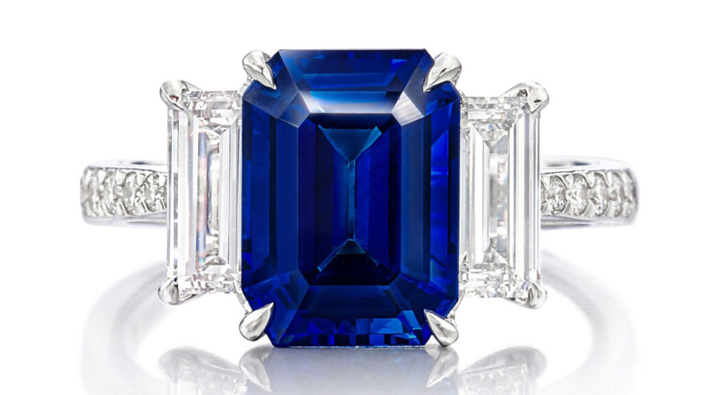 Kashmir sapphire with baguette- and brilliant-cut diamond embellishments ring at Sotheby's image