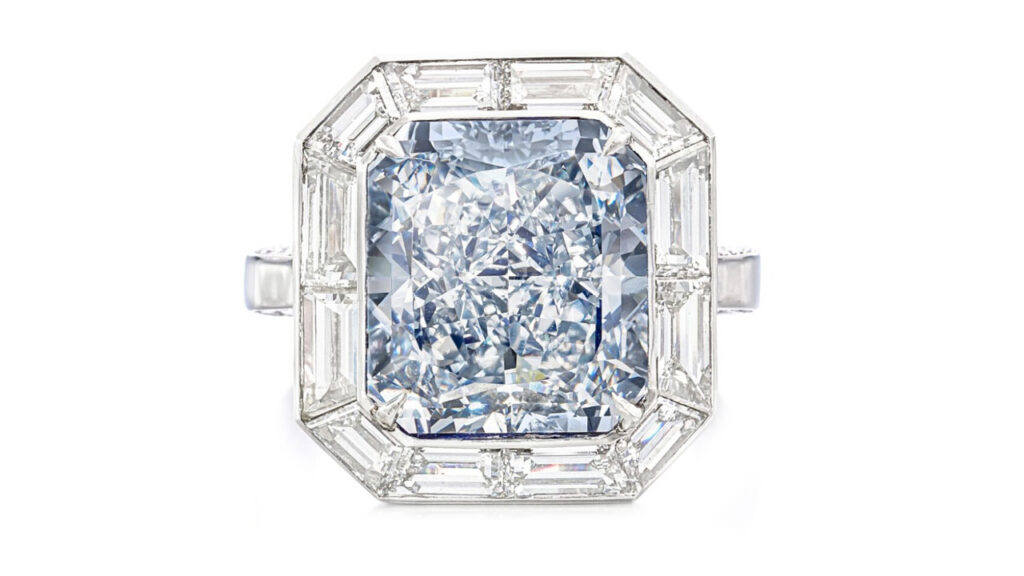 Cut-cornered rectangular-cut, 9.01-carat, fancy-blue, VVS2-clarity diamond ring image.