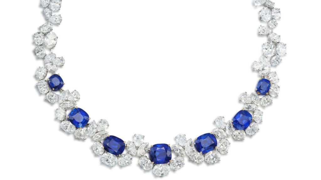 Oval-shaped diamonds, interspersed with pear- and marquise-shaped diamonds and seven cushion-cut Kashmir sapphires ranging from 2.40 to 11.37 carats necklace image.