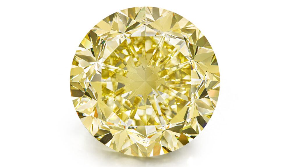 Round brilliant-cut, 67.20-carat, fancy-vivid-yellow, VVS2-clarity diamond ring image.