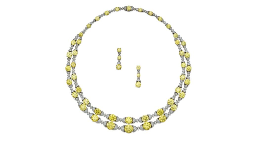 Necklace and earrings set, featuring 50 graduated round, fancy-vivid-yellow diamonds and one round, fancy-intense-yellow diamond weighing a total of 55.26 carats, accented by white diamonds image.
