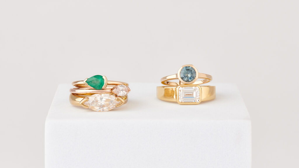 Two gemstone rings from the Bario Neal Prismic collection on display image