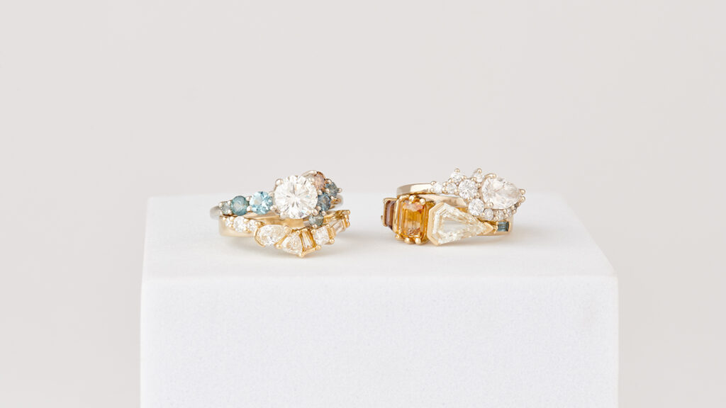 Two diamond rings from the Bario Neal Prismic collection on display image