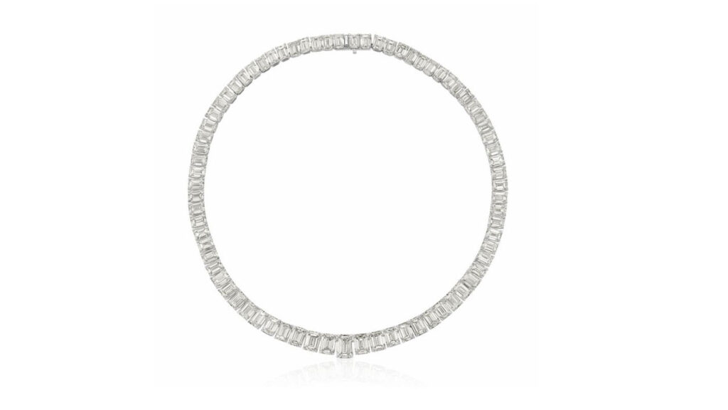Rivière necklace containing 75 emerald-cut diamonds at Christie’s image