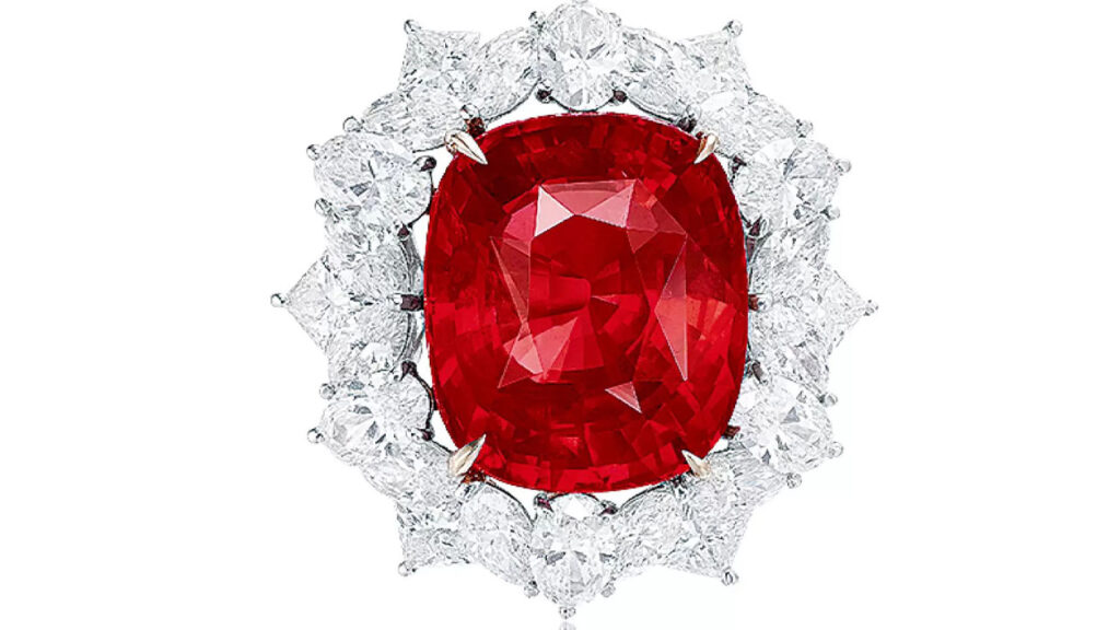 Cushion-shaped Tanzanian spinel with a marquise, oval and princess-cut diamond surround at Poly Auction image