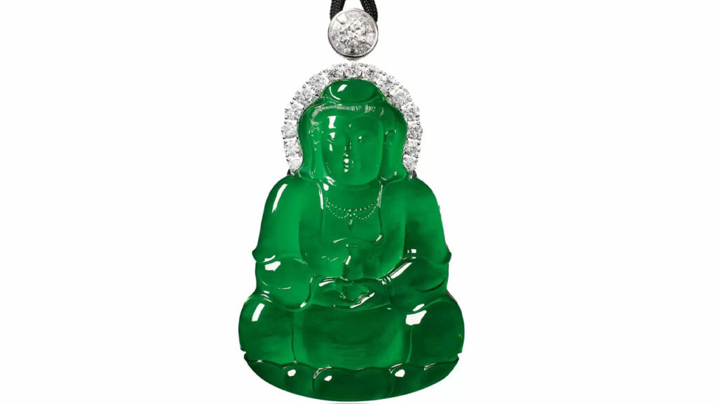 Jadeite and diamond Guanyin pendant necklace at Poly Auction image