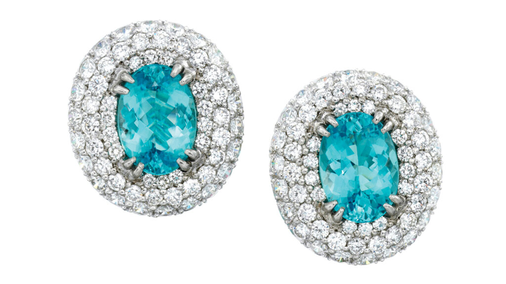 Pair of Paraiba-tourmaline and diamond ear clips at Bonhams image