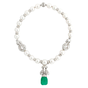 Giovane Piranesi pearl, emerald and diamond drop necklace from Yamron Jewelers image
