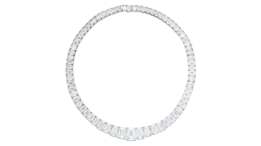 Necklace with 71 graduating emerald-cut, D-color, internally flawless and flawless diamonds weighing 114.92 carats image.