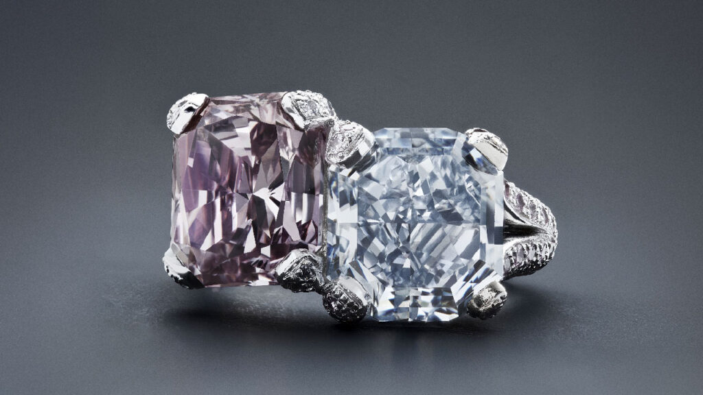 Mouawad toi et moi ring with a 5.03-carat, fancy-intense-blue, VVS2 diamond and a 5.13-carat, fancy-purple-pink diamond at Bonham's image