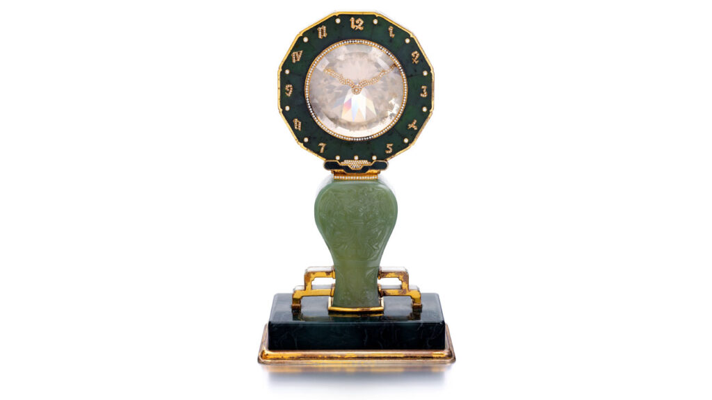 Cartier mystery clock with nephrite, hardstones, mother-of-pearl and diamonds which sold at Sotheby’s image