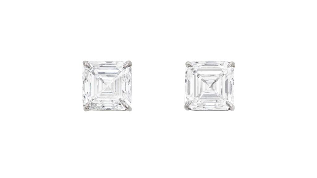 Earrings featuring square emerald-cut diamonds at Christie's image