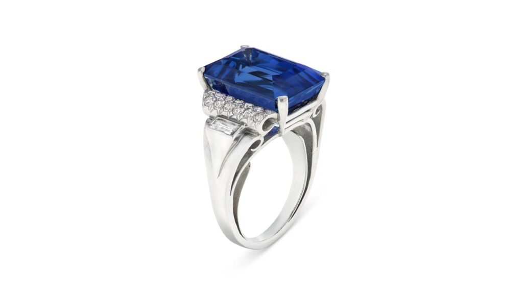 Ring with emerald-cut Ceylon sapphire as well as diamonds at Christie's image.